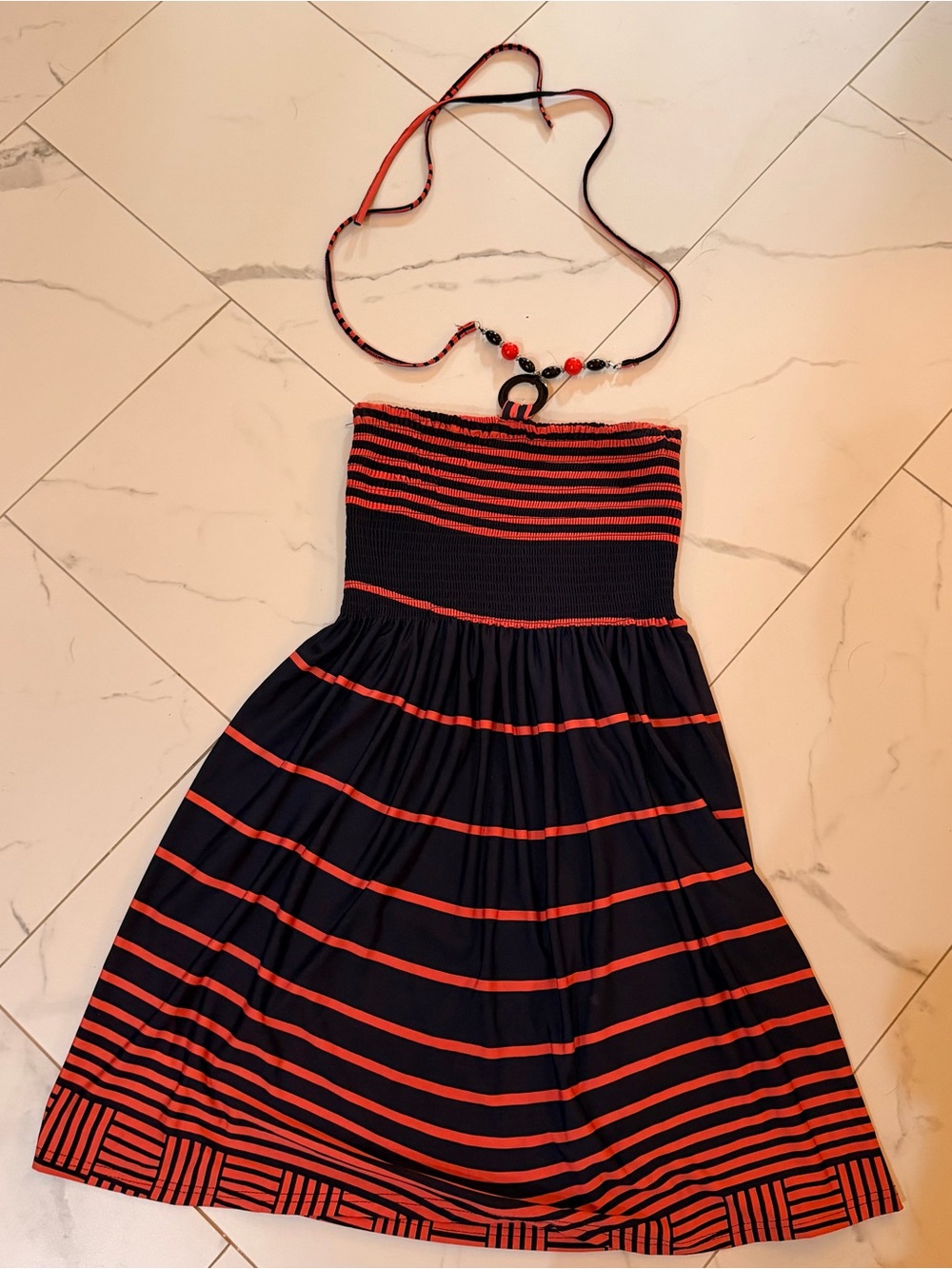 Magic Vintage Style Halter Neck Tube Dress L Navy Coral Stripe